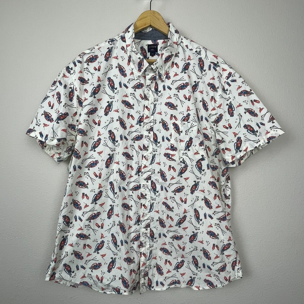 J. Crew Camp‎ Shirt XXL White Red Blue Golf Club Print Button Up Short Sleeve